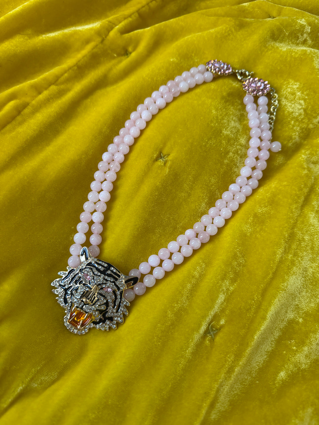 Tiger Rose Quartz Beaded Statement Drop Necklace