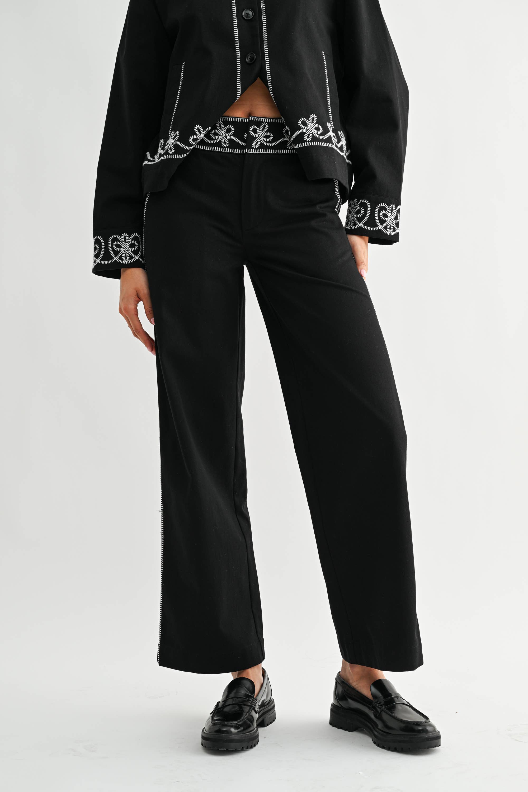 EMBROIDERED WAIST WIDE LEG PANTS