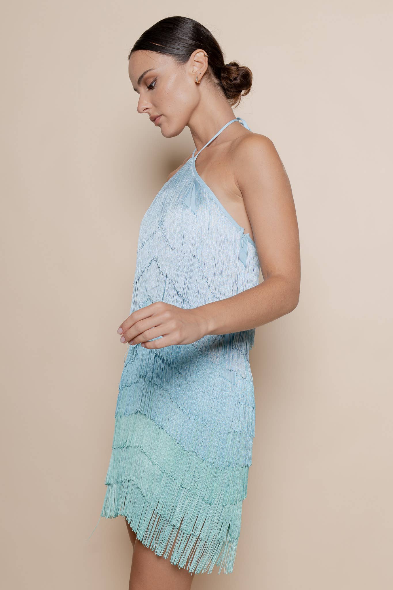 BLUE OMBRE HALTER FRINGE LAYERED MINI DRESS