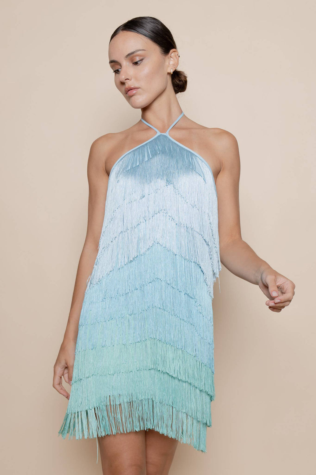 BLUE OMBRE HALTER FRINGE LAYERED MINI DRESS
