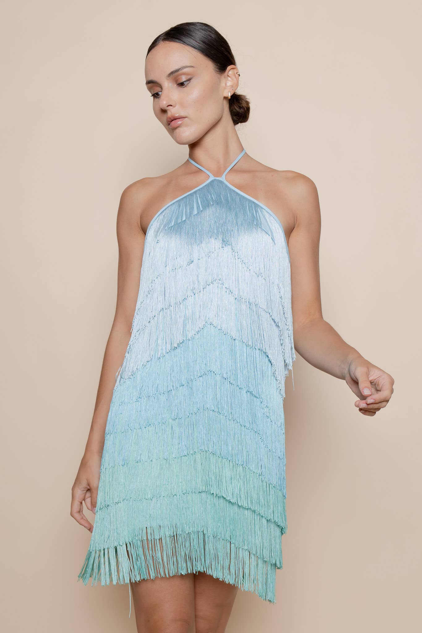 BLUE OMBRE HALTER FRINGE LAYERED MINI DRESS