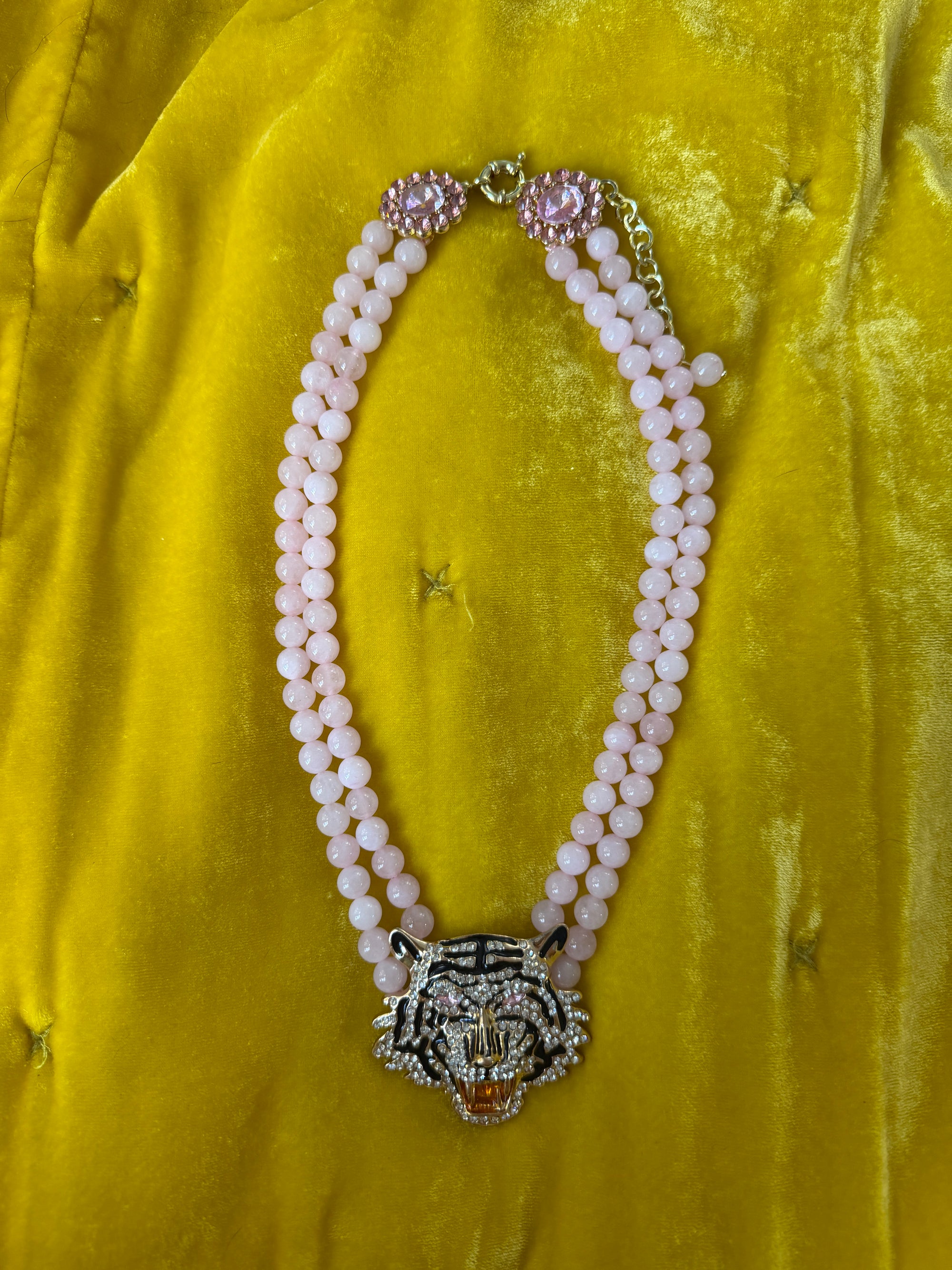 Tiger Rose Quartz Beaded Statement Drop Necklace