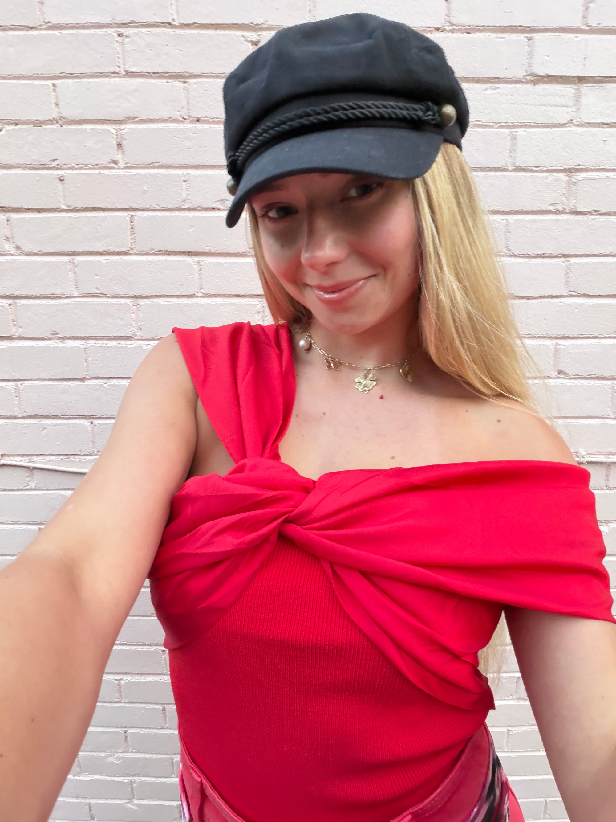 BRIGHT COLOR TWISTED BUST OFF SHOULDER CROP TOP: RED