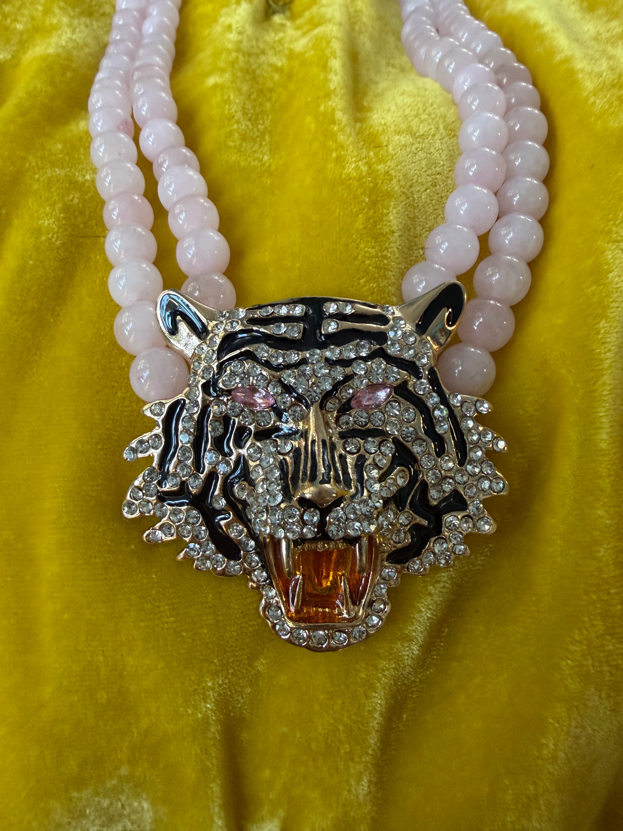 Tiger Rose Quartz Beaded Statement Drop Necklace