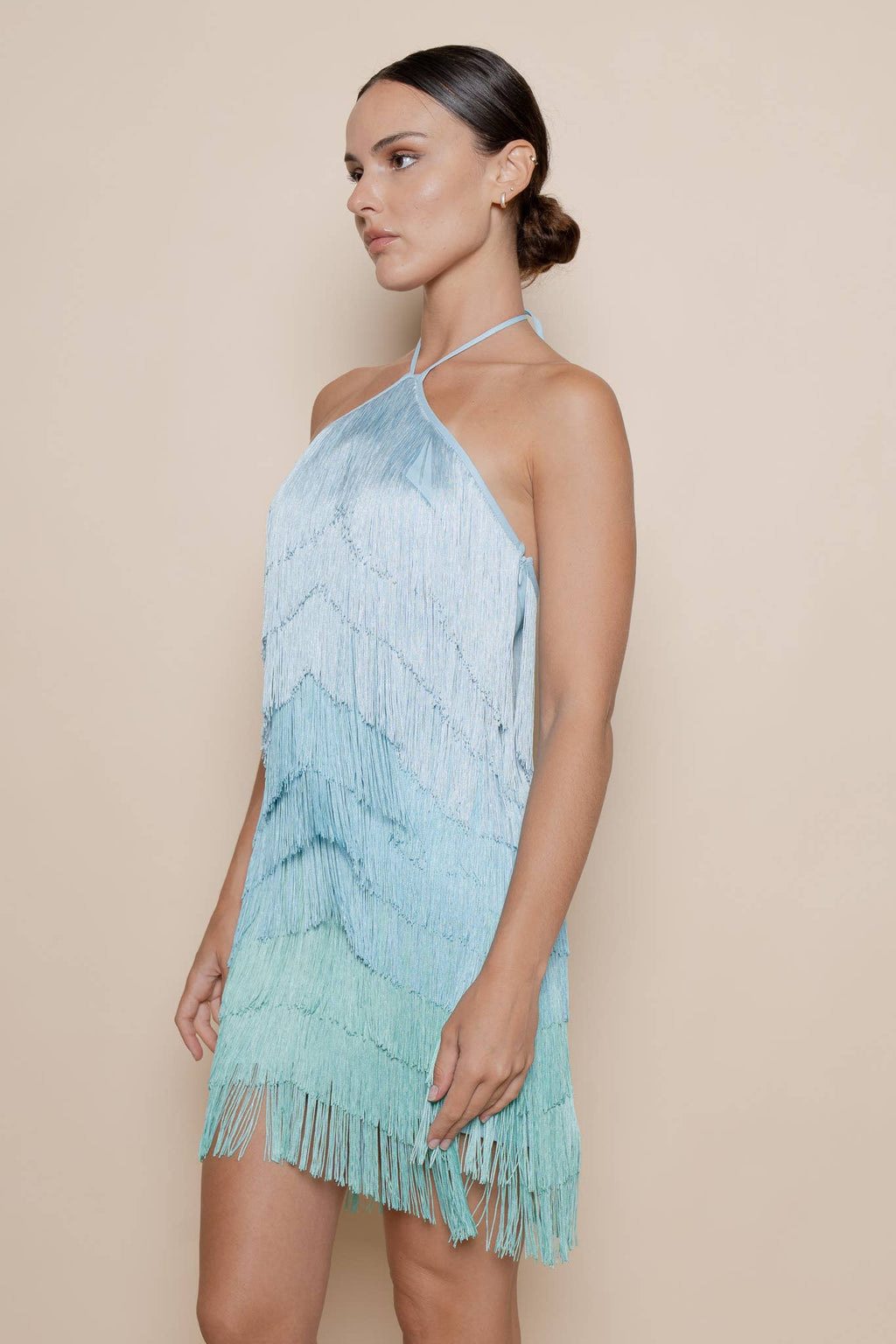 BLUE OMBRE HALTER FRINGE LAYERED MINI DRESS